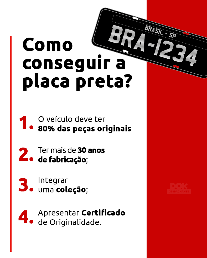Infográfico como conseguir a placa preta - DOK Despachante
1- 80% das peças originais;
2- Mais de 30 anos de fabricação;
3- Ser de coleção;
4- Certificado de originalidade.